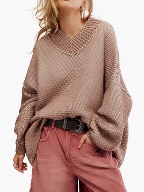 Free People Maise Oversized V-Neck Waffle Knit Sweater Mauve/ Soft Pink